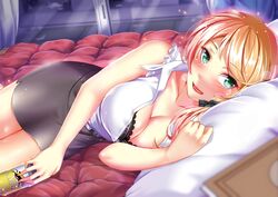  1girl :d aqua_eyes beer_can black_bra blonde_hair blush bra breasts cleavage drunk ellen_baker hasaya highres long_hair looking_at_viewer new_horizon open_mouth pencil_skirt pillow skirt smile solo tongue underwear 