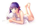 1girl artist_name ass bangs barefoot blush bottomless camisole closed_mouth collarbone eyebrows eyebrows_visible_through_hair fate/stay_night fate_(series) full_body hair_ribbon legs legs_together long_hair looking_at_viewer lying matou_sakura no_panties no_pupils on_bed on_stomach pillow purple_hair ribbon rna_(angel-smelter) signature smile soles solo the_pose type-moon violet_eyes white_background