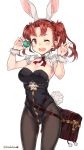  1girl animal_ears bag breasts bunny_girl bunny_tail bunnysuit character_request cleavage granblue_fantasy highres kuro_chairo_no_neko looking_at_viewer one_eye_closed rabbit rabbit_ears red_eyes redhead smile solo tail twintails 