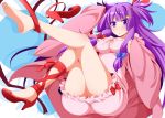  1girl ass blue_bow bow breasts crescent crescent_hair_ornament dress eichi_yuu hair_bow hair_ornament hair_ribbon high_heels knees_together_feet_apart large_breasts legs_up long_hair long_sleeves patchouli_knowledge purple_hair red_bow red_ribbon red_shoes ribbon shoes short_dress sidelocks single_shoe skin_tight solo touhou violet_eyes wide_sleeves 