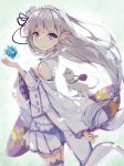  1girl animal bangs blush bow braid cat dango_remi detached_sleeves emilia_(re:zero) flower from_side hair_bow hair_flower hair_ornament hair_ribbon jewelry long_hair long_sleeves looking_at_viewer looking_to_the_side pack_(re:zero) pointy_ears ponytail pouch re:zero_kara_hajimeru_isekai_seikatsu ribbon silver_hair single_earring smile solo thigh-highs violet_eyes wide_sleeves 