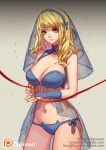  1girl artist_name babydoll bare_shoulders blonde_hair blue_bow blue_eyes blue_gloves blue_panties blush bow bridal_gauntlets cat_ear_panties cowboy_shot fingerless_gloves gloves grey_background hair_bow hairband holding league_of_legends lips luxanna_crownguard midriff navel panties red_string see-through side-tie_panties simple_background smile solo songjikyo standing stomach string underwear veil watermark web_address 