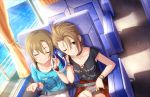  2girls ;) artist_request bangs blush bracelet brown_hair choker closed_eyes collarbone curtains green_eyes headphones idolmaster idolmaster_cinderella_girls idolmaster_cinderella_girls_starlight_stage jewelry kimura_natsuki listening_to_music looking_at_viewer multiple_girls official_art one_eye_closed seatbelt shared_headphones short_hair shorts sitting smile tada_riina train train_interior vehicle_interior 