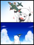  &gt;_&lt; +++ 2girls :d ahoge airplane closed_eyes comic dress fairy_(kantai_collection) grey_hair highres horn horns kantai_collection long_hair minigirl mittens multiple_girls northern_ocean_hime open_mouth pale_skin sleeveless sleeveless_dress smile suisei_(kantai_collection) tsukemon white_dress white_hair white_skin xd 