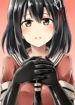  1girl alternate_costume black_gloves black_hair blush breasts brown_eyes cosplay elbow_gloves gloves haguro_(kantai_collection) hair_between_eyes hair_ornament hands_together highres kamelie kantai_collection looking_at_viewer naka_(kantai_collection) naka_(kantai_collection)_(cosplay) sailor_collar school_uniform serafuku short_hair short_sleeves smile solo 