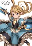  &gt;:( 1girl armor armored_dress artist_name blonde_hair blue_dress blue_eyes blush breastplate character_name charlotta_(granblue_fantasy) clenched_hand closed_mouth contrapposto crown dress fighting_stance floating_hair foreshortening frilled_dress frilled_sleeves frills gauntlets granblue_fantasy greaves hat long_hair looking_at_viewer pointy_ears puffy_short_sleeves puffy_sleeves sakiyamama shield short_sleeves simple_background solo spiked_knuckles spikes spread_legs tate_eboshi white_background 