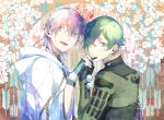  2boys black_gloves cherry_blossoms gloves green_eyes green_hair hair_over_one_eye holding_hands hood interlocked_fingers japanese_clothes male_focus mou_(mooooow) multiple_boys open_mouth partly_fingerless_gloves smile touken_ranbu tsurumaru_kuninaga uguisumaru white_hair yagasuri yellow_eyes 