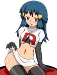  1girl :p black_eyes black_legwear blue_eyes blue_hair blush crop_top hikari_(pokemon) kuro_hopper long_hair looking_at_viewer midriff miniskirt navel no_panties pokemon sitting skirt skirt_lift solo team_rocket thigh-highs tongue tongue_out 