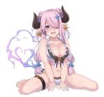  1girl bare_arms bare_shoulders bikini blue_eyes blush braid breasts cleavage collarbone draph full_body granblue_fantasy hair_ornament hair_over_one_eye hair_over_shoulder halterneck highres horns large_breasts lavender_hair lips long_hair looking_at_viewer midriff narmaya_(granblue_fantasy) navel open_mouth pink_lips simple_background single_braid sitting skindentation spicy_moo swimsuit thigh_strap thighs wariza white_background white_bikini 