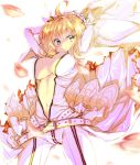  1girl ahoge ass_visible_through_thighs belt blonde_hair breasts fate/extra fate/extra_ccc fate_(series) green_eyes lettucex9 looking_at_viewer navel petals saber_bride saber_extra simple_background solo unzipped veil white_background wreath 