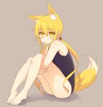  1girl abekawa_mochi animal_ears barefoot blonde_hair blush commentary_request fox_ears fox_tail highres kantai_collection kemonomimi_mode knees_up long_hair satsuki_(kantai_collection) sitting solo swimsuit tail twintails yellow_eyes 
