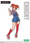  1girl artist_name bare_shoulders blue_eyes blush child&#039;s_play chucky flat_chest freckles full_body hair_ribbon highres knife looking_at_viewer open_mouth orange_hair overalls ribbon shoes short_hair short_twintails skirt smile sneakers socks solo thigh-highs twintails yamashita_shun&#039;ya 