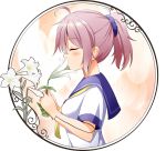 1girl aoba_(kantai_collection) circle closed_eyes commentary_request flower frame gunner_(stardustgunner) holding holding_flower kantai_collection lily_(flower) pink_hair ponytail profile round_image school_uniform scrunchie serafuku solo 