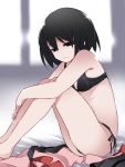  1girl bare_arms bare_legs bare_shoulders barefoot bed_sheet black_eyes black_hair black_panties black_ribbon black_skirt blurry closed_mouth depth_of_field flat_chest floral_print half-closed_eyes hammer_(sunset_beach) jacket jacket_removed knees_up leaning_forward lingerie looking_at_viewer monogatari_(series) oshino_ougi panties pink_jacket pleated_skirt ribbon side-tie_panties sitting skirt skirt_removed smile solo thighs underwear underwear_only 