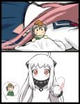  3girls ahoge akashi_(kantai_collection) blue_skirt comic covered_mouth dress fairy_(kantai_collection) grey_hair highres hip_vent horn horns kantai_collection long_hair minigirl mittens multiple_girls northern_ocean_hime pale_skin parachute pink_hair pleated_skirt school_uniform serafuku shinkaisei-kan side_ponytail skirt sleeveless sleeveless_dress solid_oval_eyes suisei_(kantai_collection) tsukemon white_dress white_hair white_skin 