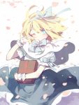 1girl adapted_costume alice_margatroid alternate_costume blonde_hair blue_eyes blush book capelet hairband one_eye_closed petals puffy_sleeves ribbon shirt short_hair short_sleeves skirt solo touhou violet_(qs312556616) wind wrist_cuffs 