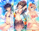  3girls ahoge akizuki_(kantai_collection) alternate_costume anchor_symbol armpits arms_up ball bare_arms bare_shoulders beach beachball bikini bikini_skirt black_hair blouse blue_eyes braid breasts brown_bikini brown_hair cis_(carcharias) clouds cloudy_sky collarbone floral_print flower flower_on_head hachimaki hair_between_eyes hair_ornament hairband hatsuzuki_(kantai_collection) headband hibiscus highres jitome kantai_collection light_brown_eyes light_brown_hair light_smile long_hair looking_at_viewer medium_breasts midriff multiple_girls open_blouse open_clothes open_mouth outdoors pink_bikini ponytail sarong see-through side-tie_bikini sitting sky small_breasts smile swimsuit swimsuit_under_clothes teruzuki_(kantai_collection) twin_braids twitter_username white_blouse 
