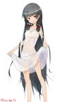  1girl alternate_costume bangs bare_shoulders black_hair blush dress hair_over_shoulder isokaze_(kantai_collection) kantai_collection long_hair looking_at_viewer nagi_(shunsuke-manage) red_eyes semi-transparent skirt skirt_lift smile solo very_long_hair white_dress 