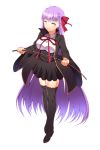  1girl bb_(fate/extra_ccc) black_legwear black_skirt closed_eyes fate/extra fate/extra_ccc fate_(series) hair_ribbon holding long_hair ookami_maito purple_hair red_ribbon ribbon simple_background skirt smile solo thigh-highs very_long_hair white_background 