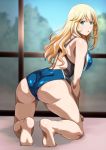  1girl ass atago_(kantai_collection) barefoot blonde_hair breasts competition_swimsuit kantai_collection large_breasts long_hair monteri one-piece_swimsuit soles solo swimsuit 