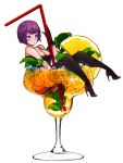  1girl black_gloves black_legwear blue_eyes blush breasts chestnut_mouth cleavage cup drink drinking_glass drinking_straw food fruit gloves happening18 high_heels highres ice in_container in_cup looking_at_viewer mint orange orange_slice original oversized_object purple_hair short_hair simple_background solo white_background 