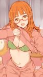  1girl bangs bedroom blunt_bangs bra commentary girls_und_panzer glasses green_bra indoors kneeling lace-trimmed_bra long_hair looking_at_viewer open_mouth orange_eyes orange_hair pajamas polka_dot polka_dot_bra red-framed_glasses self_shot semi-rimless_glasses shirt_lift smile solo takebe_saori umiu_(hoge) under-rim_glasses underwear 