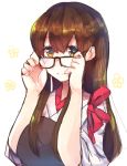  1girl akagi_(kantai_collection) bespectacled breasts brown_eyes brown_hair glasses highres japanese_clothes kantai_collection long_hair mochiko_(mocchikkoo) muneate simple_background solo tasuki upper_body white_background 