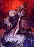  1girl breasts dress feathers full_moon gothic_lolita holding holding_sword holding_weapon lolita_fashion long_hair looking_at_viewer moon red_eyes red_moon rozen_maiden shiokonbu silver_hair solo suigintou sword weapon 