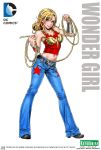  1girl belt blonde_hair blue_eyes blue_pants blush bracelet breasts closed_mouth dc_comics denim earrings female full_body highres holding holding_rope jeans jewelry lasso lips long_hair looking_at_viewer navel pants rope shoes sleeveless smile solo standing star star_earrings tank_top wonder_girl yamashita_shun&#039;ya 