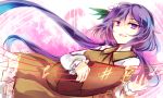  1girl beamed_semiquavers biwa_lute brown_dress crotchet dress flower hair_flower hair_ornament instrument kutsuki_kai long_hair looking_at_viewer low_twintails lute_(instrument) musical_note open_mouth playing_instrument purple_hair quaver solo touhou tsukumo_benben twintails very_long_hair violet_eyes 