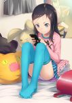  1girl aqua_legwear backpack bag bed black_eyes black_hair cellphone feet holding no_shoes on_bed original panties pantyshot pantyshot_(sitting) phone pillow plaid poster_(object) randoseru sitting smartphone smile sody solo stuffed_toy thigh-highs underwear upskirt white_panties 