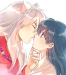  1boy 1girl animal_ears black_hair blue_eyes blurry blush chin_grab closed_eyes couple depth_of_field dog_ears eyelashes fang fingernails from_side hetero incipient_kiss inuyasha inuyasha_(character) japanese_clothes jewelry long_hair looking_at_another miko motobi_(mtb_umk) necklace open_mouth portrait profile sharp_fingernails simple_background white_background white_hair 