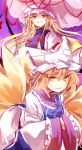  2girls blonde_hair dress fox_tail hands_in_sleeves hat hat_ribbon kutsuki_kai long_sleeves looking_at_viewer mob_cap multiple_girls multiple_tails parasol pillow_hat ribbon shaded_face smirk tabard tail touhou umbrella violet_eyes white_dress wide_sleeves yakumo_ran yakumo_yukari yellow_eyes 