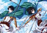  1boy 1girl belt black_hair boots brown_boots cape die_ying dual_wielding frown grey_eyes jacket levi_(shingeki_no_kyojin) mikasa_ackerman shingeki_no_kyojin short_hair suspenders thigh_strap three-dimensional_maneuver_gear weapon wire 