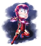  1boy alternate_eye_color armor avengers black_hair boots cosplay eyebrows eyebrows_visible_through_hair full_body gloves glowing grin hariyama_(toubou_tengoku) helmet iron_man iron_man_(cosplay) looking_at_viewer male_focus marvel matsuno_osomatsu osomatsu-kun osomatsu-san power_armor red_eyes signature smile solo standing standing_on_one_leg 