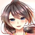  1girl :d blue_eyes blush brown_hair close-up face hair_between_eyes houshou_(kantai_collection) kantai_collection long_hair looking_at_viewer open_mouth ponytail sazamiso_rx smile solo upper_body 