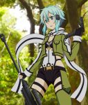  1girl anti-materiel_rifle belt black_gloves black_shorts blue_eyes blue_hair bolt_action breasts cleavage extended_magazine fingerless_gloves forest glock gloves green_eyes green_legwear gun handgun holding_hands jacket nature open_clothes open_jacket outdoors pgm_hecate_ii pistol rifle rinkai_(mamepika8492) scarf shinon_(sao) short_shorts shorts sniper_rifle solo sword_art_online torn_clothes tree weapon 