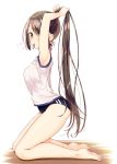  1girl adjusting_hair arched_back armpits arms_behind_head bare_arms bare_legs barefoot blush brown_eyes brown_hair buruma eyebrows eyebrows_visible_through_hair from_side full_body highres kneeling long_hair looking_at_viewer mouth_hold original ponytail ribbon_in_mouth sakuragi_ren shiny shiny_hair shiny_skin shirt simple_background sleeveless sleeveless_shirt solo striped striped_legwear toes tying_hair underwear very_long_hair white_background white_shirt 