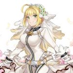  1girl ahoge belt blonde_hair chain fate/extra fate/extra_ccc fate_(series) feathers green_eyes highres lock padlock saber_bride saber_extra sananru skin_tight smile solo veil white_background wreath zipper 
