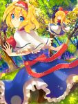  1girl alice_margatroid apron blonde_hair blue_dress blush capelet doll dress dutch_angle forest from_behind hair_ribbon hairband highres long_hair looking_at_viewer looking_back nail_polish nature parted_lips ribbon sash shanghai_doll short_hair solanikieru solo sunlight touhou tree waist_apron 