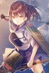  1girl arrow bow_(weapon) brown_eyes brown_hair gloves highres io_enishi japanese_clothes kaga_(kantai_collection) kantai_collection long_hair muneate open_mouth side_ponytail skirt solo weapon 