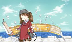  1girl ^_^ blue_sky brown_hair closed_eyes clouds grin japanese_clothes kantai_collection kariginu machinery magatama pier pleated_skirt raised_hand ryuujou_(kantai_collection) scroll shikigami simesabaikka skirt sky smile solo twintails visor_cap 