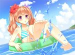  1girl barefoot bikini blush feet floatation_devices flower hair_flower hair_ornament kurisu-kun open_mouth orange_hair original risa_(kurisu-kun) soles solo splashing swimsuit twintails violet_eyes water 