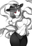  1girl breasts capelet cowboy_shot hat hat_ribbon highres hips large_breasts limited_palette looking_at_viewer monochrome nagae_iku raptor7 red_eyes ribbon shawl solo spot_color touhou 