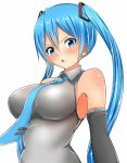  &gt;:o 1girl :o armpits bare_shoulders baretto_(karasi07) blue_eyes blue_hair blue_necktie blush breasts collarbone detached_sleeves eyebrows eyebrows_visible_through_hair eyelashes grey_shirt hatsune_miku large_breasts long_hair long_sleeves looking_at_viewer midriff navel necktie parted_lips shirt simple_background sleeveless sleeveless_shirt solo stomach sweat sweatdrop twintails upper_body vocaloid white_background wing_collar 