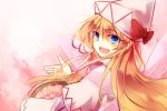  1girl basket blonde_hair blue_eyes capelet cherry_blossoms fairy_wings hat hat_ribbon kutsuki_kai lily_white long_hair long_sleeves looking_at_viewer open_mouth petals ribbon smile solo touhou upper_body wide_sleeves wings 