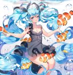  1girl black_dress blue_eyes blue_hair clownfish dress fish floating_hair ganik_(pisshine) hatsune_miku long_hair shinkai_shoujo_(vocaloid) smile solo twintails underwater very_long_hair vocaloid 