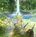  1girl animal animal_ears blonde_hair butterfly cart clover collarbone okishiji_en sitting solo tail water waterfall 