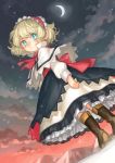  1girl absurdres alice_margatroid blonde_hair blue_dress blue_eyes blush boots capelet clouds crescent_moon dress dutch_angle hairband highres layered_dress long_sleeves moon night night_sky petticoat puffy_sleeves ribbon sash short_hair sky solo touhou usudaidai 