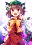  1girl animal_ears bangs blush brown_hair cat_ears cat_tail chen chinese_clothes e.o. fang hat long_sleeves looking_at_viewer mob_cap multiple_tails open_mouth red_eyes red_skirt shirt short_hair skirt smile solo sparkle standing tail touhou white_shirt 